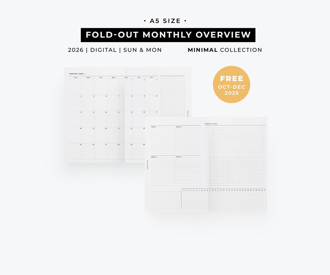 2026 A5 Foldout Monthly Overview Printable Planner | Monthly Calendar ...