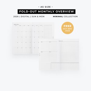 May include: A5 size fold-out monthly overview planner. The planner includes a 2026 digital calendar with a minimal design. The image also includes a free October-December 2025 calendar. The text on the image says "FOLD-OUT MONTHLY OVERVIEW" and "MINIMAL COLLECTION".