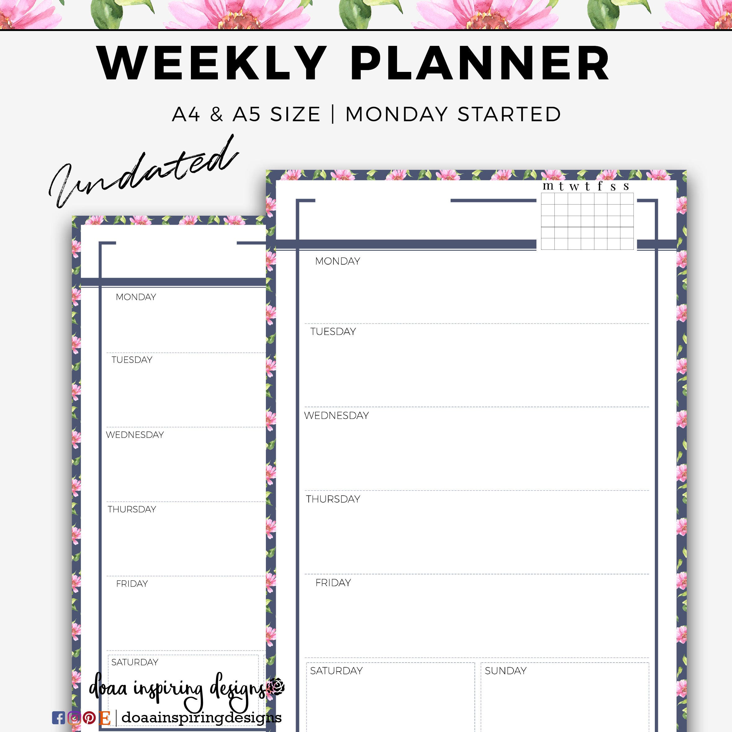 undated weekly planner printable wo1p floral planner etsy