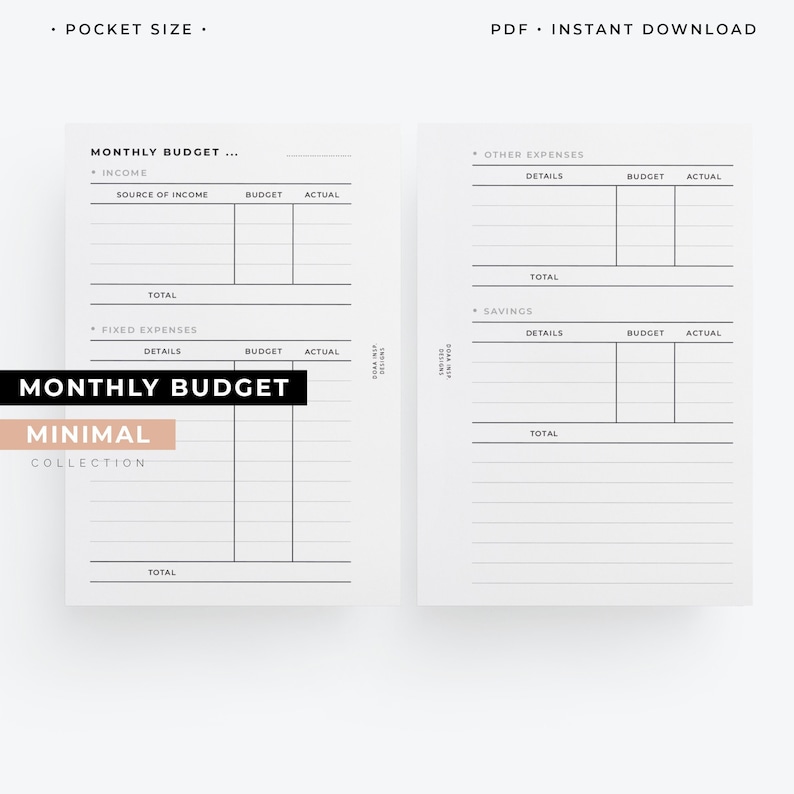 May include: Two-page spread of a minimalist monthly budget planner. The left page features sections for income and fixed expenses, while the right page includes other expenses and savings. Text includes "Monthly Budget" and "Minimal Collection."