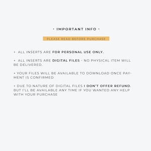 Puede incluir: Fondo blanco con texto: "IMPORTANT INFO." y "PLEASE READ BEFORE PURCHASE." Texto adicional indica que las inserciones son para uso personal, son archivos digitales y estar&aacute;n disponibles despu&eacute;s del pago. No hay reembolsos.