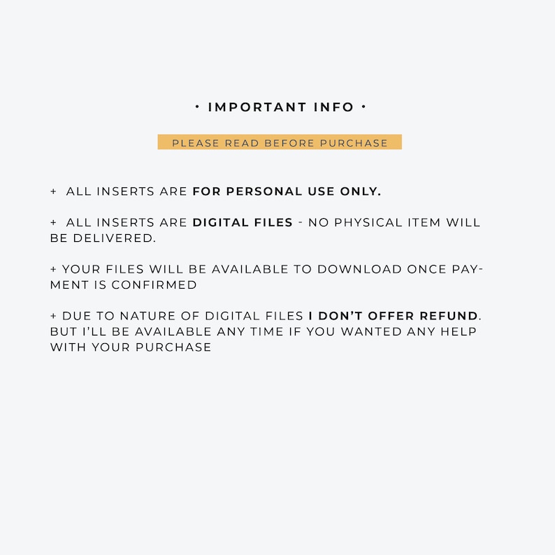 Puede incluir: Fondo blanco con texto: "IMPORTANT INFO." y "PLEASE READ BEFORE PURCHASE." Texto adicional indica que las inserciones son para uso personal, son archivos digitales y estar&aacute;n disponibles despu&eacute;s del pago. No hay reembolsos.