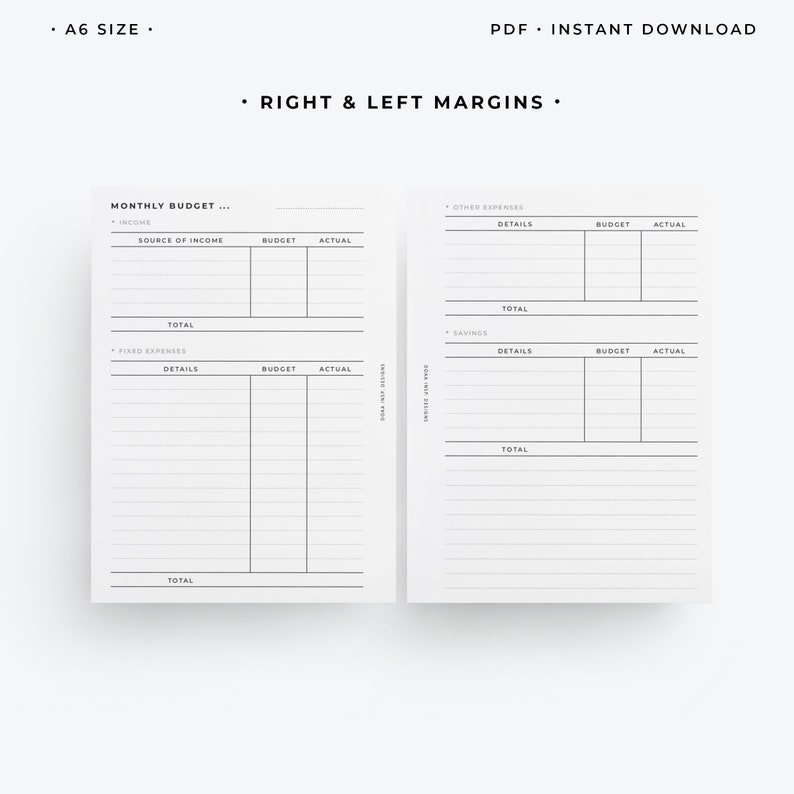 May include: A printable A6 size budget planner with sections for income, fixed expenses, other expenses, and savings. The planner includes columns for details, budget, and actual spending.