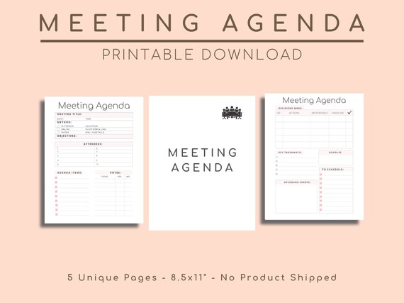 Meeting Minutes Template, Meeting Agenda Planner, Business Notes, Organizer, Printable Download
