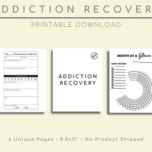 May include: Printable addiction recovery journal pages with a black and white design. The pages include a daily sobriety tracker, a habit tracker, and a month at a glance calendar. The pages are 8.5 inches by 11 inches.