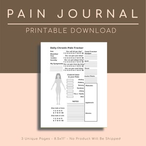 May include: Printable pain journal tracker with a body outline for marking pain locations, a food tracker, and a section for notes. The journal is designed to help track chronic pain.
