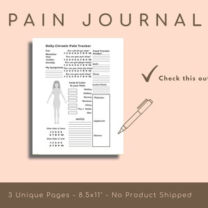 May include: Printable pain journal tracker with a gray outline of a person, a checklist, and a section for notes. The text "Daily Chronic Pain Tracker" is at the top of the page. The text "Check this out!" is in the bottom right corner of the page.