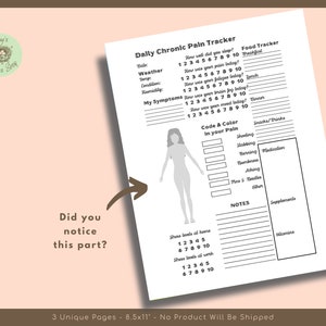 May include: Printable daily chronic pain tracker with a human figure outline, a pain scale, and sections for tracking food, medication, supplements, and notes. The tracker is designed to help people manage their chronic pain.