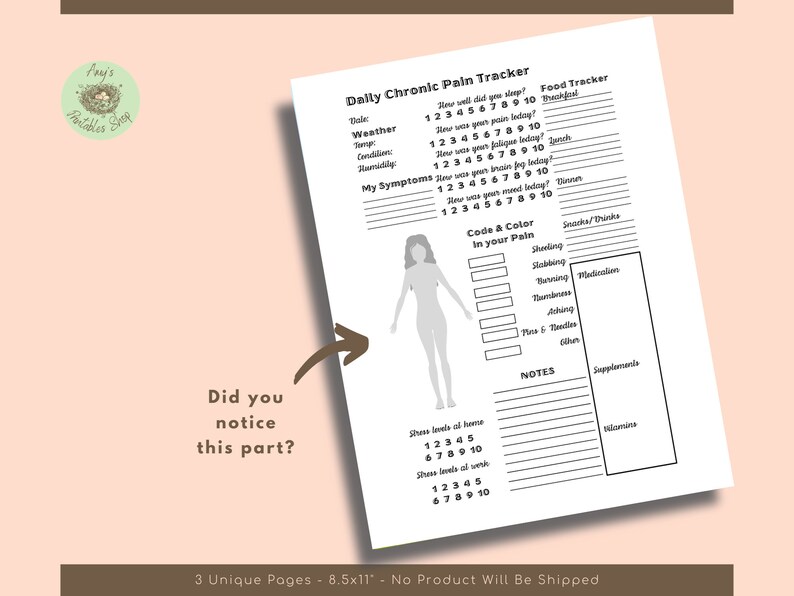 May include: Printable daily chronic pain tracker with a human figure outline, a pain scale, and sections for tracking food, medication, supplements, and notes. The tracker is designed to help people manage their chronic pain.
