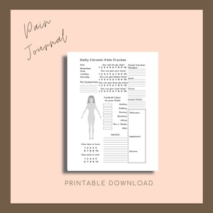 May include: Printable pain journal tracker with a black and white design. The tracker includes sections for daily chronic pain, food tracker, notes, and a body diagram to track pain location.