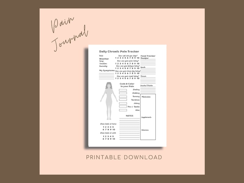 May include: Printable pain journal tracker with a black and white design. The tracker includes sections for daily chronic pain, food tracker, notes, and a body diagram to track pain location.
