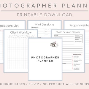 Planificateur de photographe, livre de photographie, tableau de flux de travail de session photo, modèle d'entreprise de photographie, téléchargement numérique