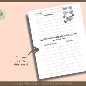 May include: A white journal page with lined sections for notes, a header that says "DATE:" and "Today's Bible Verse:" and decorative heart doodles. The text "Dear Heavenly Father, Teach me to..." is also visible. The page is 8.5x11 inches.