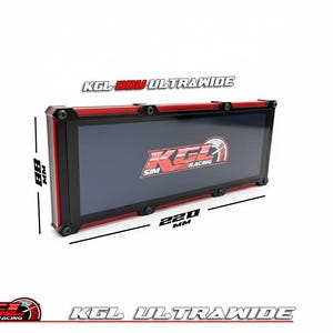 Op de afbeelding: KGL DDU Ultrawide display, 220 mm lang en 88 mm hoog, met een zwart frame en rode accenten. Het display toont het KGL Sim Racing logo in rood en wit. Ontworpen voor sim racen.