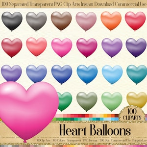 Puede incluir: 100 globos en forma de corazón en varios colores, incluyendo rosa, rojo, morado, azul, verde y dorado. Los globos son transparentes y tienen un acabado brillante. La imagen incluye el texto "100 CLIPARTS" y "Globos en forma de corazón".