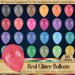 May include: 100 digital clip art images of glitter balloons in various colors. The balloons are transparent PNG files, 300 dpi, and can be used for commercial purposes.