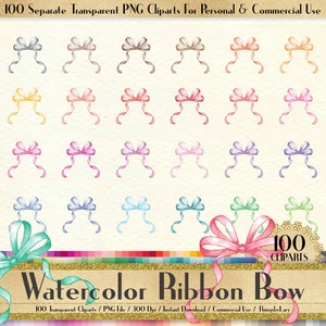 100 Watercolor Ribbon Bow Clipart,100 Watercolor Clipart,PNG Clipart,Planner Clipart,Watercolor Bow,Bridal Shower,Valentine,Baby Shower image 1