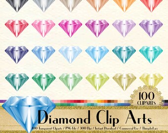 May include: A set of 100 transparent PNG clipart images of colorful diamond shapes. The diamonds are in various shades of blue, green, pink, purple, red, orange, yellow, and gray. The text "100 CLIPARTS" and "Diamond Clip Arts" is at the bottom of the image.