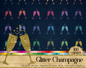 100 Glitter Champagne Glass Clip arts, Planner Clip art Glitter Wedding Romantic Christmas New Year Party Valentine Anniversary Celebration
