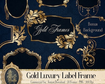 May include: A set of 20 gold frames with ornate designs, perfect for adding a touch of elegance to your projects. The frames are in PNG format and are 300 dpi.