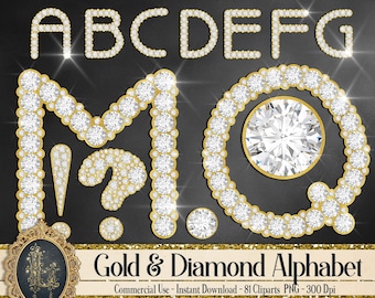 81 Gold and Diamond Alphabet Number Symbol Clip Arts (NOT FONT) 300 Dpi PNG Instant Download Commercial Use Luxury Gold Letter Number Symbol