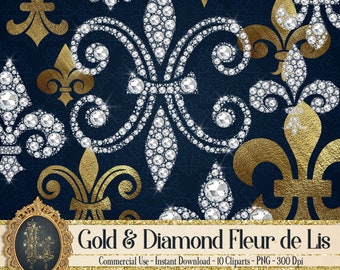 12 Gold and Diamond Fleur de Lis Royal Symbol 300 Dpi PNG Instant Download Commercial Use, Luxury Royal Ornament Decor Diamond Antique Gold