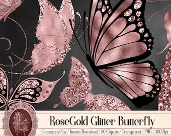 30 RoseGold Glitzer Folie Schmetterling Digitale Bilder 300 Dpi Sofort Download Kommerzielle Nutzung RoseGold Folie Digital Clip Arts Glitzer Schmetterling