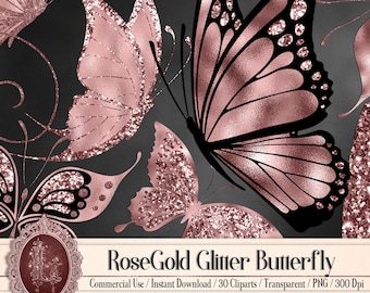 30 RoseGold Glitter Foil Butterfly Digital Images 300 Dpi Instant Download Commercial Use RoseGold Foil Digital Clip Arts Glitter Butterfly