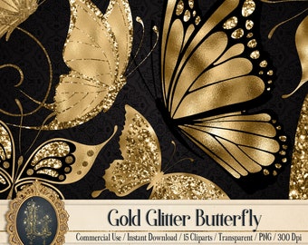 15 Gold Glitzer Folie Schmetterling Clip Arts 300 Dpi Sofortiger Download Kommerzielle Nutzung Transparent Luxus Gold Digital Clip Arts Glitzer Schmetterling