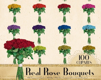 100 Real Rose Bouquet Cliparts, Flower Clipart, Planner Clipart, Wedding Bouquet, Wedding Rose, Bridal Shower, Digital Flower Bouquets