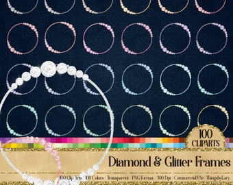 100 Diamond & Glitter Circle Frames Clip arts Pearl Frames Digital Clip arts digital frame Planner Circle Frame Commercial Use Printable