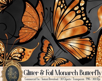 30 Orange Monarch Foil and Glitter Butterfly PNG Image Isolated Transparent background Commercial Use Wedding Card Making Flying Butterfly