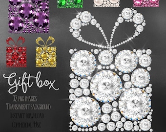 32 Diamond Pearl Gemstone Rhinestone Jewelry Gift Box Clip Arts Digital Images 300 Dpi PNG Instant Download Commercial Use Realistic Diamond