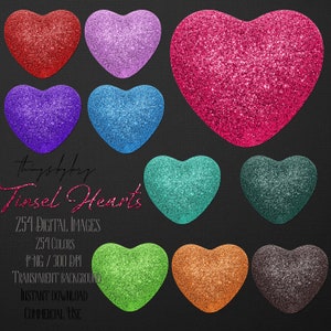 254 Real Tinsel Glitter Heart Digital Images PNG 300 Dpi Téléchargement instantané Utilisation commerciale Douche nuptiale Digital Clip Art Bling Sequin Heart