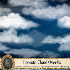 Könnte beinhalten: Ein digitaler Bildsatz mit 23 realistischen Wolken-Overlays mit einem sternenklaren Nachthimmel als Hintergrund. Die Wolken sind weiß und flauschig, und der Himmel ist tiefblau mit weißen Sternen. Die Bilder sind transparente PNG-Dateien und haben eine Auflösung von 300 dpi.