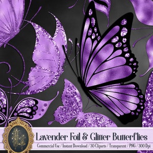 30 Lavender Purple Foil and Glitter Butterfly PNG Image Isolated Transparent background Commercial Use Wedding Card Making Flying Butterfly