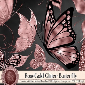 30 RoseGold Glitter Foil Butterfly Digital Images 300 Dpi Instant Download Commercial Use RoseGold Foil Digital Clip Arts Glitter Butterfly