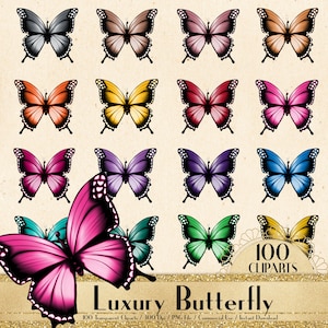 100 cliparts de borboletas de luxo, clipart de planejador, clipart de borboleta colorida, gráfico de casamento, gráfico romântico, design de borboleta