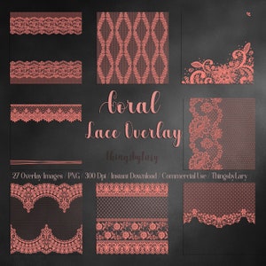 27 Coral Lace Overlays Borders Frames Images PNG Transparent 300 Dpi Instant Download Commercial Use Shabby Chic Wedding Romantic Lacy Net