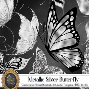 30 Metallic Silver Foil and Glitter Butterfly Digital Images 300 Dpi Instant Download Commercial Use Wedding Card Making Flying Butterfly