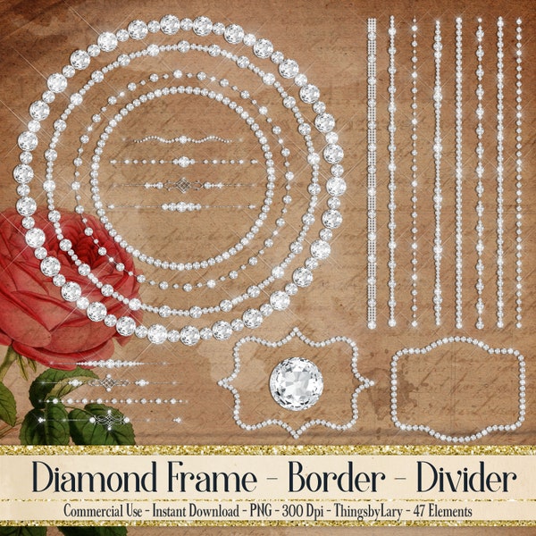 Diamant-Rahmen, Diamant-Teiler, Diamant-String, Diamant-Kreis, Diamant-Clipart, 300 Dpi, kommerzielle Nutzung, Brautparty, Hochzeitseinladung