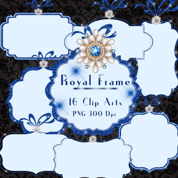 Blue Royal Frame, Glitter and Jewelry Frame Clipart, Glitter Frame for Royal, Christmas, Instant download,Commercial Use, Planner Clipart