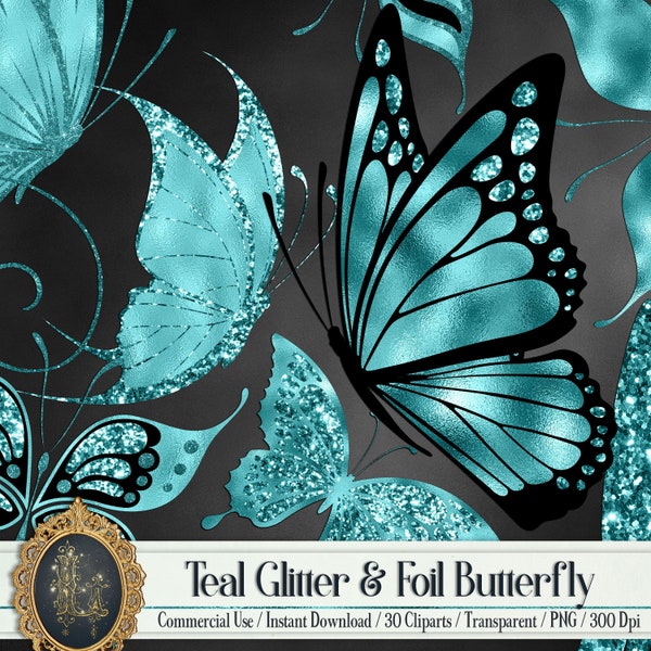 30 Teal Glitter Foil Butterfly Digital Images 300 Dpi Instant Download Commercial Use Wedding Butterfly Card Making Flying Butterfly