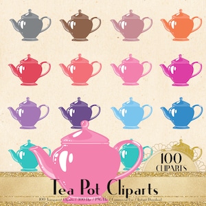 May include: A set of 100 colorful teapot clip art images. The teapots are in various shades of pink, blue, purple, red, orange, and brown. The teapots are all in the same style, with a rounded body and a spout on one side. The teapots are all facing the same direction. The image includes the text "100 CLIPARTS" and "Tea Pot Cliparts".