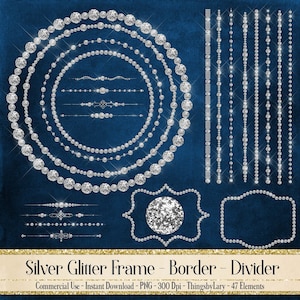 May include: A collection of silver glitter frames, borders, and dividers on a dark blue background. The designs include circular frames, vertical lines, and decorative elements. The text "Silver Glitter Frame - Border - Divider" is at the bottom.