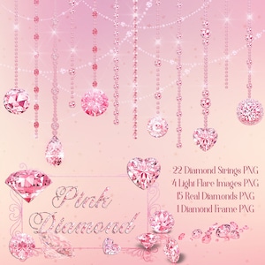May include: Pink diamond strings, light flares, and individual diamonds in various shapes and sizes. The text "Pink Diamond" is written in a decorative font.