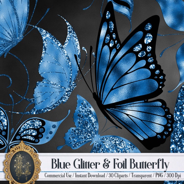 30 Royal Blue Foil and Glitter Butterfly Digital Image 300 Dpi Instant Download Commercial Use Metallic Wedding Card Making Flying Butterfly