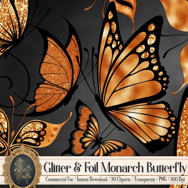 30 Orange Monarch Foil and Glitter Butterfly PNG Image Isolated Transparent background Commercial Use Wedding Card Making Flying Butterfly