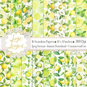 Puede incluir: Una descarga digital de 16 patrones sin costuras con ilustraciones de acuarela de limones y limas. Los patrones son de 30,48 cm por 30,48 cm y 300 DPI. El texto "Linge Lemon" y "16 Seamless Papers 12 x 12 inches 300 Dpi Jpeg Format Instant Download Commercial Use" está incluido en la imagen.