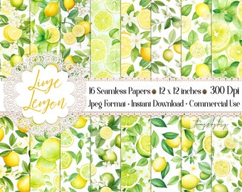 16 Seamless Watercolor Lime Lemon Digital Papers Commercial Use lime pattern digital Watercolor Green Limes Patterns Citrus Fruits Summer